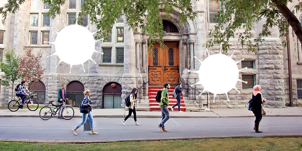 students walking in front of university